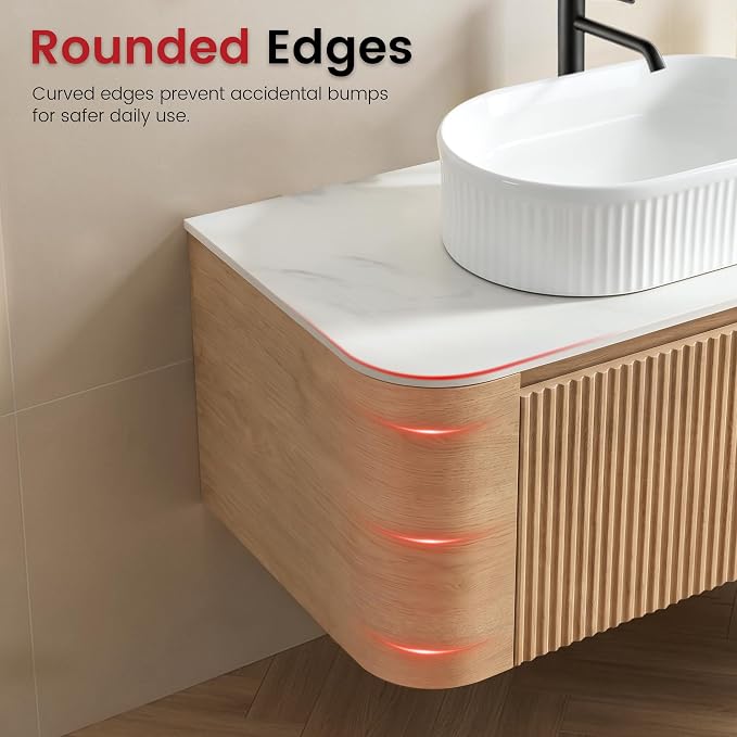 72" Floating Bathroom Vanity with Double White Sink, Honey Oak | Pre-Assembled Fluted Wall Mounted Vanity with Sintered Stone Countertop, Rounded Edges, Soft-Close Drawers & Towel Rack