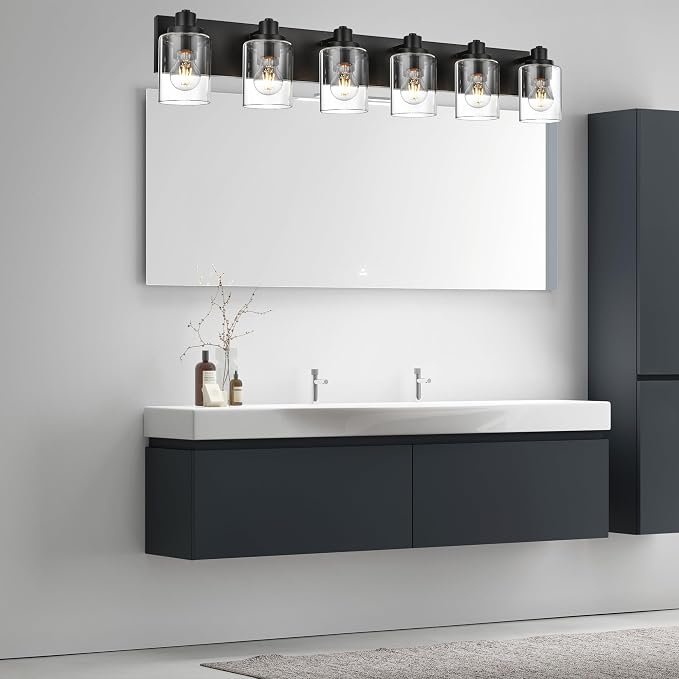 6 Light Bathroom Vanity Lights, Bathroom Lighting Fixtures over Mirror with Clear Glass Shades, Black Vanity Light For Bathoom, Modern Wall Sconces Vanity Lighting Fixture for Bathroom Hallway