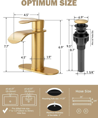 WOWOW Waterfall Bathroom Faucet, Gold Bathroom Sink Faucet for 1 Hole or 3 Holes, Single Handle Vanity with Metal Pop up Drain, Stainless Steel Basin Sink Faucet Tap for RV Lavatory