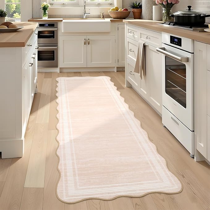 Garvee Washable Runner Rug 2x6 Solid Scalloped Kitchen Runner Natural Ivory | Modern Long Runner Rug for Entryway Bedroom, Non Slip Low Pile Solid Runner Rugs for Entryway, Nursery Rugs Runner