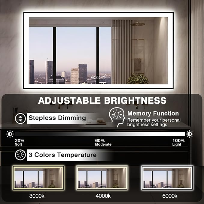 EchosLife 60x28 LED Bathroom Mirror for Wall - Black Aluminum Framed | Black Frame, Front and Backlit, Anti-Fog, Stepless Dimmable, 3 Colors, Memory, Tempered Glass, UL Listed, Horizontal/Vertical