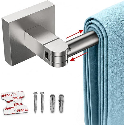 RUACQ Adjustable Towel Bar, Adhesive or Drill Wall Mount Towel Rack, Nickel | Adjust 15.8 to 26 Inch Towel Racks for Bathroom, 304 Stainless Steel Bath Towel Holder, Rustproof, Square Base, Heavy Duty