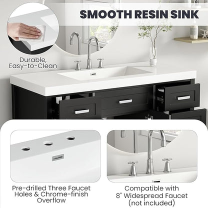 Harper & Bright Designs 48" Bathroom Vanity Set with Sink, Free Standing Single Basin Vanity Set with 2 Soft-Close Doors and 8 Drawers, Wood Storage Cabinet with Resin Basin for Bathroom, Black