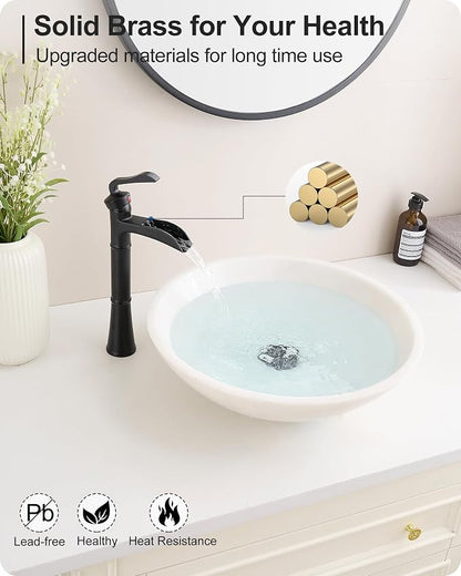 Black Waterfall Tall Bathroom Faucet Single Hole, Brass Bathroom Vessel Sink Faucet Single Handle with Pop-Up Drain & Pre-Installed Hoses, No Noise