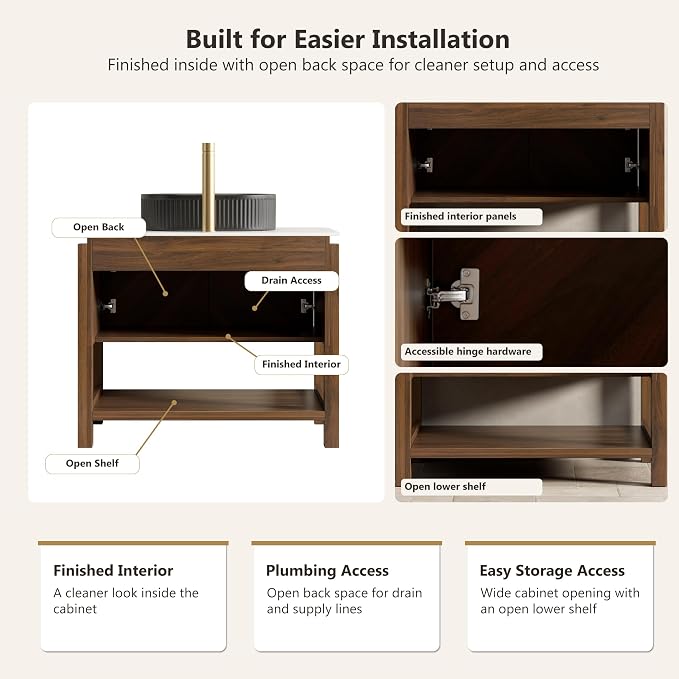 Yayzy 60 Inch Double Sink Bathroom Vanity, Dark Walnut Bathroom Cabinet with Double Matte Black Oval Vessel Sinks, Carrara White Sintered Stone Countertop, Soft Close Doors, Open Storage Shelf