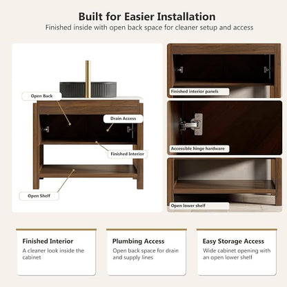 Yayzy 48 Inch Bathroom Vanity with Sink, Freestanding Dark Walnut Bathroom Cabinet, Matte Black Oval Vessel Sink, Carrara White Sintered Stone Countertop, Soft Close Doors, Open Storage Shelf