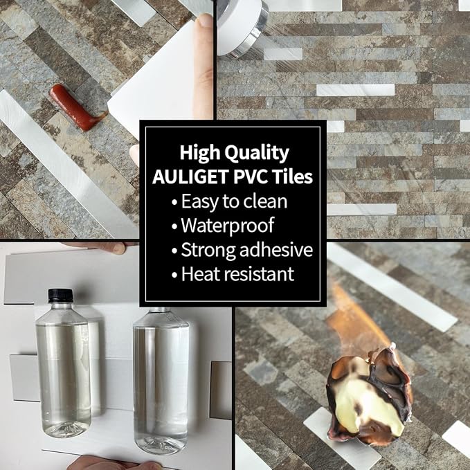 AULIGET 2 Sheets Beige & Brown Slate Peel and Stick Backsplash, PVC Mixed Metal Silver Wall Tile Stick on Backsplash for Kitchen and Bathroom