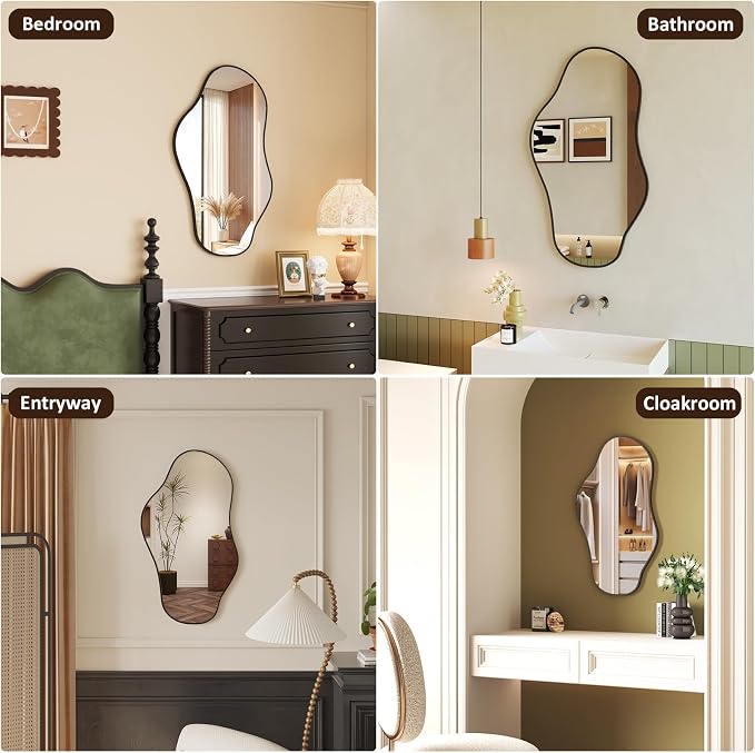 Irregular Wall Mirror, 18"x32" Asymmetrical Mirror with Metal Frame, Decorative Wall Mirror for Entryway Bathroom Living Room Bedroom, Horizontal or Vertical Hanging