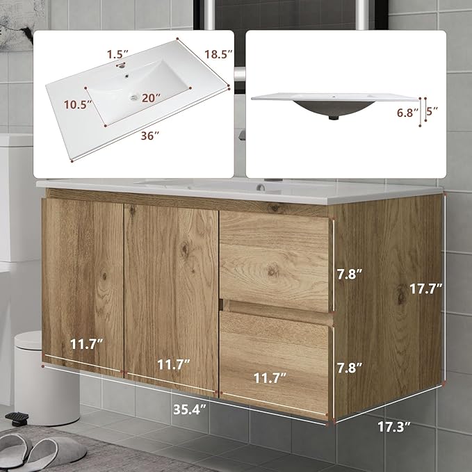 Wall-Mounted Bathroom Vanity with Soft-Close Drawers and Doors – Moisture-Resistant MDF, Space-Saving Design for Modern Bathrooms (Nature Without Sink, 36)