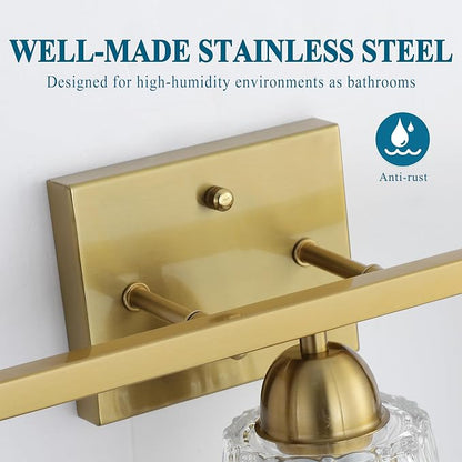 Mecgirn Stainless Steel Bathroom Vanity Light Over Mirror, 3 Light Brushed Gold Bathroom Light Fixtures with Textured Glass Shades, Modern Vanity Lighting Wall Mount