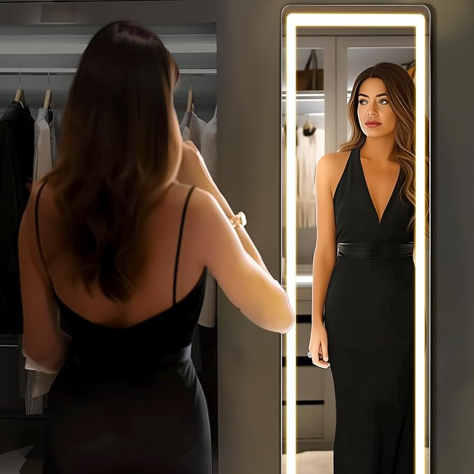 DUMOS LED Mirror Full Length with Stand, 16"x60" Full Body Wall Mirror | LED Lights 3 Color Lighting and Shatterproof Tempered Glass, Wall Hanging or Leaning, Floor Standing, Modern Home Decor