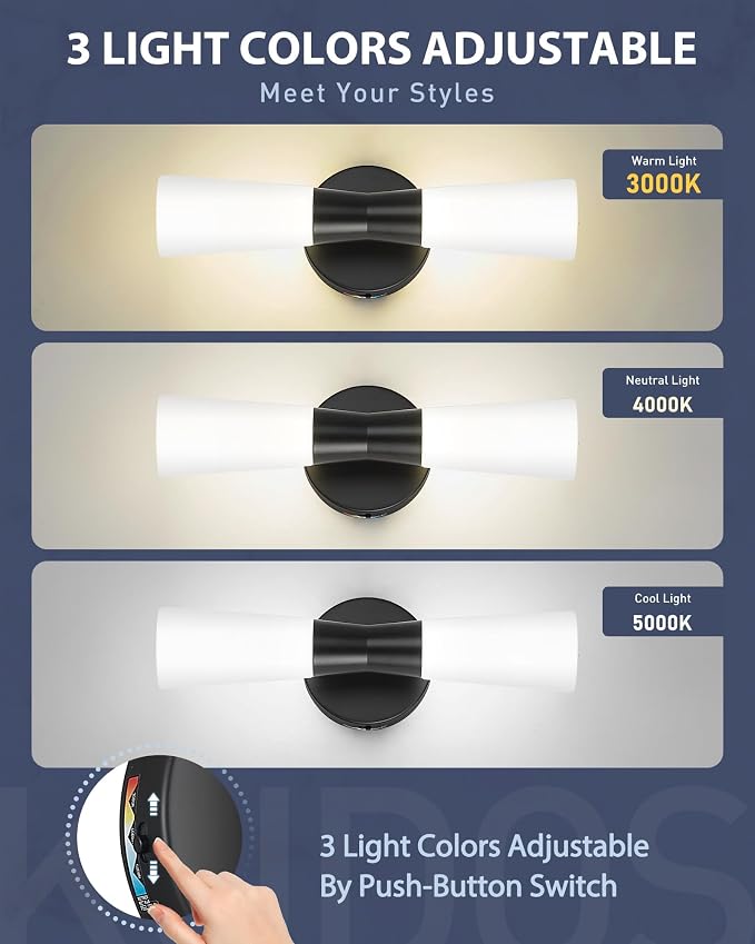 kudos 2 Pack Black Vanity Lights, Milk White Glass, 3CCT, KDVL13-BK-2PK | LED, 14W, 1100 Lumens, 3000K, 4000K and 5000K Selectable, Hardwired,for Bathrooms and Bedrooms