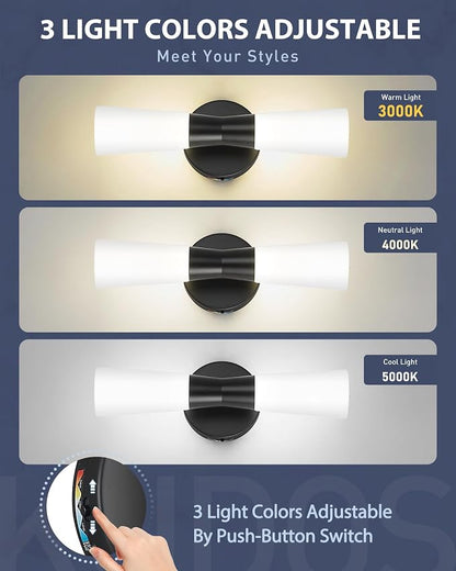 kudos 2 Pack Black Vanity Lights, Milk White Glass, 3CCT, KDVL13-BK-2PK | LED, 14W, 1100 Lumens, 3000K, 4000K and 5000K Selectable, Hardwired,for Bathrooms and Bedrooms