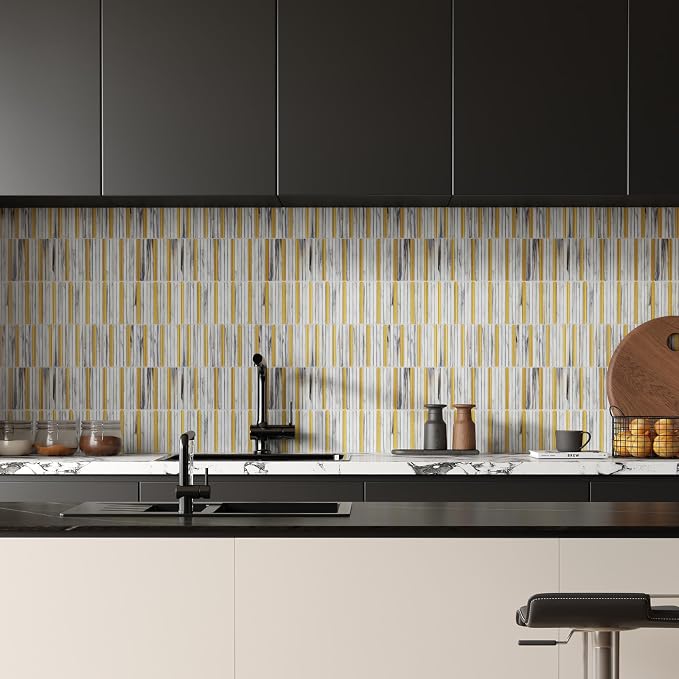 Glass Backsplash Mosaic Tile Gold White 5 sq.ft | Dazzling 12 x 12 Inch for Kitchen Backsplash Bathroom and Shower 5-Pack