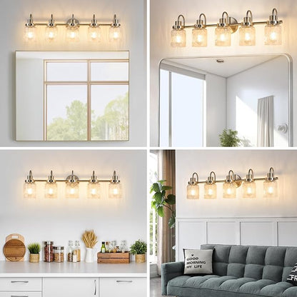 5 Lights Bathroom Vanity Light, Brushed Nickel Bathroom Light Fixtures with Hammered Glass Lampshade for Dressing Table,Over Mirror,Hallway