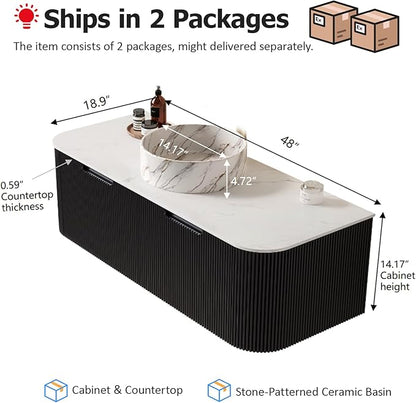 48" Floating Bathroom Vanity with Sink, Plywood Bathroom Vanities with Ultra-Thin Ceramic Basin and Marble Top, 2 Large Soft-Closing Storage Drawers, Pre-Assembled Cabinet, Gloss Black