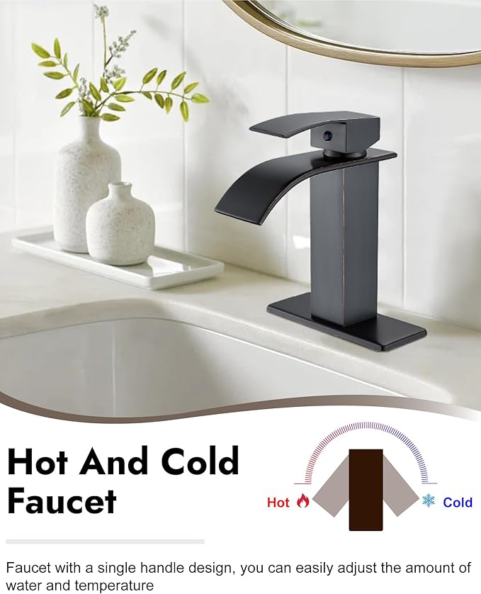 Midanya Waterfall Spout Bathroom Faucet Single Handle 1 Hole Bathroom Sink Faucet,Modern RV Lavatory Vanity Basin Tap with Water Hose,No Drain,Short Body,Oil Rubbed Bronze