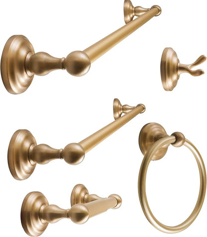 SENTO ROBIKI Gold Bathroom Accessories Set, Bath Hardware, Includes Robe Hook, Toilet Paper Holder, Towel Ring, 18” & 24” Towel Bar, Duty Metal Bath Hardware Set Wall Mounted (5-Piece, Satin Brass)