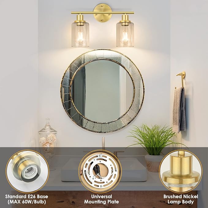 Bathroom Light Fixtures, 2 Light Vanity Light, Gold Wall Sconces Lighting | Modern Bath Wall Mounted Lights with Glass Shade, Porch Wall Lamp for Mirror, Living Room, Bedroom, Brushed Brass
