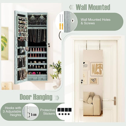 COSTWAY Wall Door Mounted Jewelry Armoire with 47.5" Full Length Mirror & 2 LED Lights, Large Storage Capacity, Lockable Mirror Jewelry Cabinet for Women Girls (Vintage Blue)