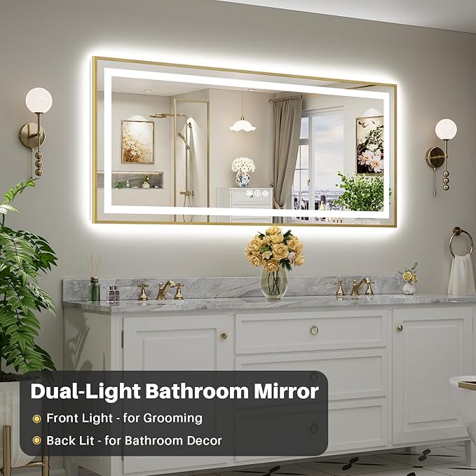 72x32 Inch LED Bathroom Mirror with Gold Frame, Backlit & Front Lit, Lighted Wall Mirrors for Bathroom Vanity, Touch Screen Dimmable, Anti-Fog, Memory Function, HD Tempered Glass, Shatter-Proof