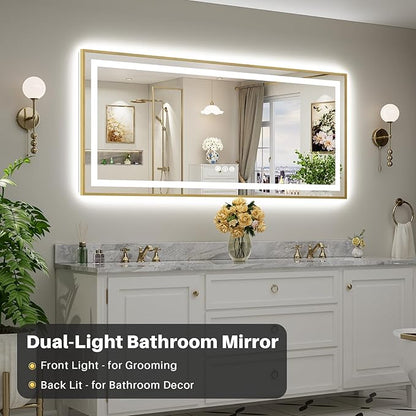 72x32 Inch LED Bathroom Mirror with Gold Frame, Backlit & Front Lit, Lighted Wall Mirrors for Bathroom Vanity, Touch Screen Dimmable, Anti-Fog, Memory Function, HD Tempered Glass, Shatter-Proof