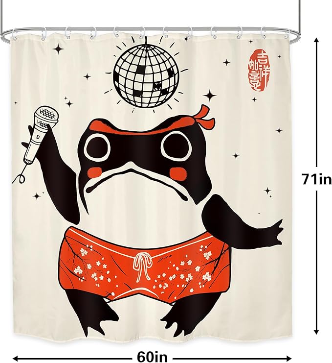 LGhtyro Funny Frog Shower Curtain Bathroom Set 60Wx71H Inches Retro Asian Style Traditional Japanese Art Animal Lantern Ball Microphone Bath Accessories Cute Art Home Decor Fabric 12 Pack Hooks