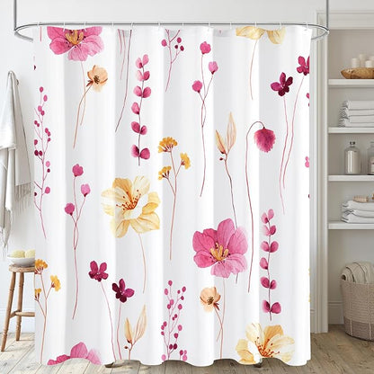 Pink Yellow Beige Watercolor Floral Fabric Shower Curtain, 72x72 | Waterproof Fabric, Modern Minimalist Floral Print, Machine Washable, Rustproof Grommets, for Bathroom Home