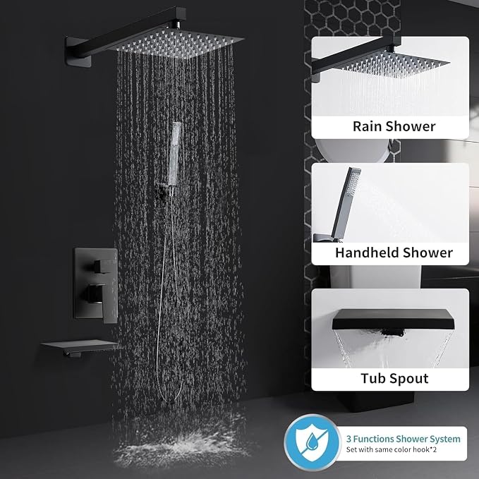 Matte Black Shower Faucet Set with Tub Spout 8 Inch, | with 2 Hooks, Tub and Shower Faucet Combo, Rain Shower and Handheld Shower System Square Wall Mount for Bathroom
