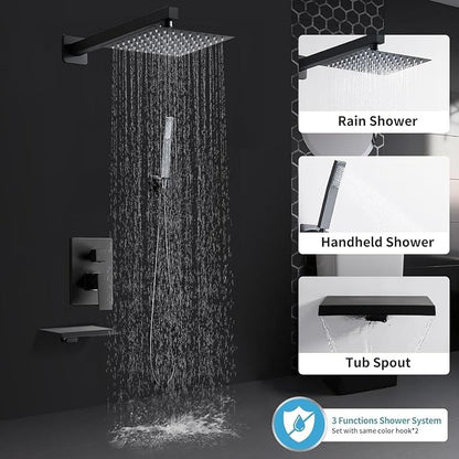 Matte Black Shower Faucet Set with Tub Spout 8 Inch, | with 2 Hooks, Tub and Shower Faucet Combo, Rain Shower and Handheld Shower System Square Wall Mount for Bathroom