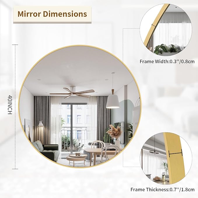 BEAUTYPEAK 40 Inch Round Mirror, Metal Frame Circle Mirror, Gold | Wall Mounted for Entryway, Bathroom, Vanity, Living Room