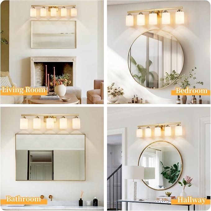 Bathroom Light Fixtures, Vanity Light Over Mirror Gold 5-Light Fixture | Modern bathroom vanity light fixture with metal frame, ideal for mirrors, bedrooms and hallways. Fits E26 bulbs.