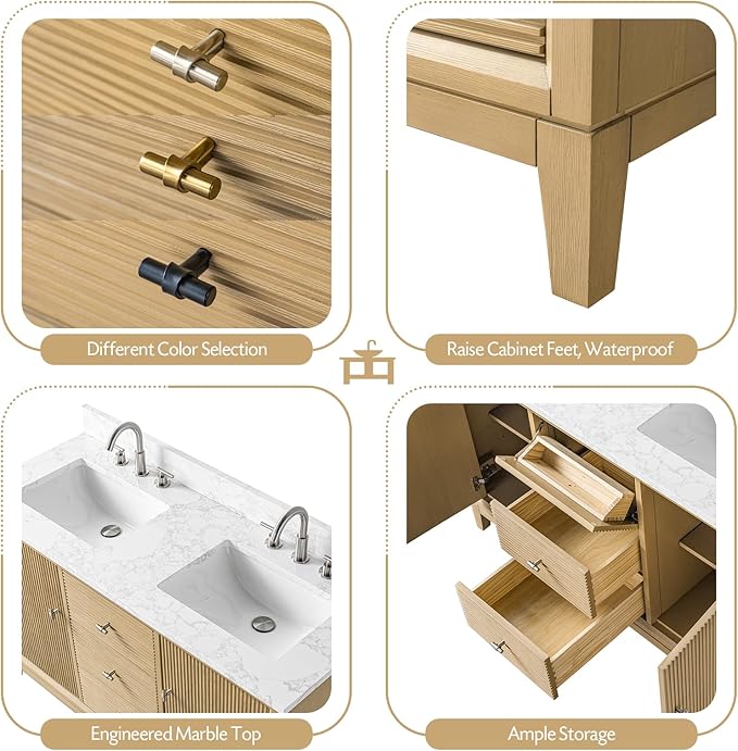 Vanity Art 54" Bathroom Vanity with Double Sink & Arabescato White Engineered Stone Top, Vanity Cabinet with Soft Closing Door, Solid Wood Frame, Golden Brushed Handles, Natural Oak VA8154D-NO-GB