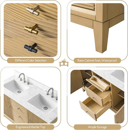 Vanity Art 54" Bathroom Vanity with Double Sink & Arabescato White Engineered Stone Top, Vanity Cabinet with Soft Closing Door, Solid Wood Frame, Golden Brushed Handles, Natural Oak VA8154D-NO-GB