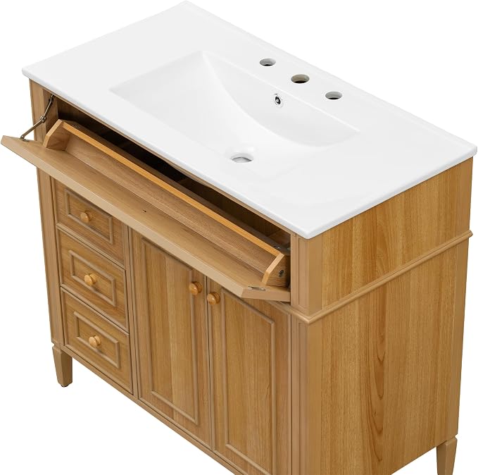 36" Modern Bathroom Vanity with Ceramic Sink, Tilt-Out Drawer & 2 Drawers, Solid Wood Frame Freestanding Storage Cabinet w/2 Soft-Close Doors & Adjustable Shelf, Rubberwood Handles, Wood