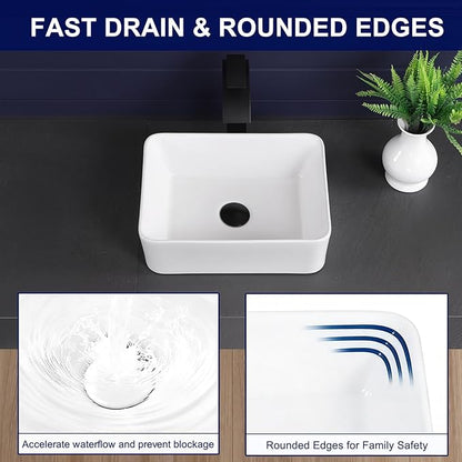 Vessel Sink 16"x12" Rectangular Bathroom Sink Modern White Porcelain Ceramic Above Counter Drop-in Vanity Sink for Bathrooms Art Basin
