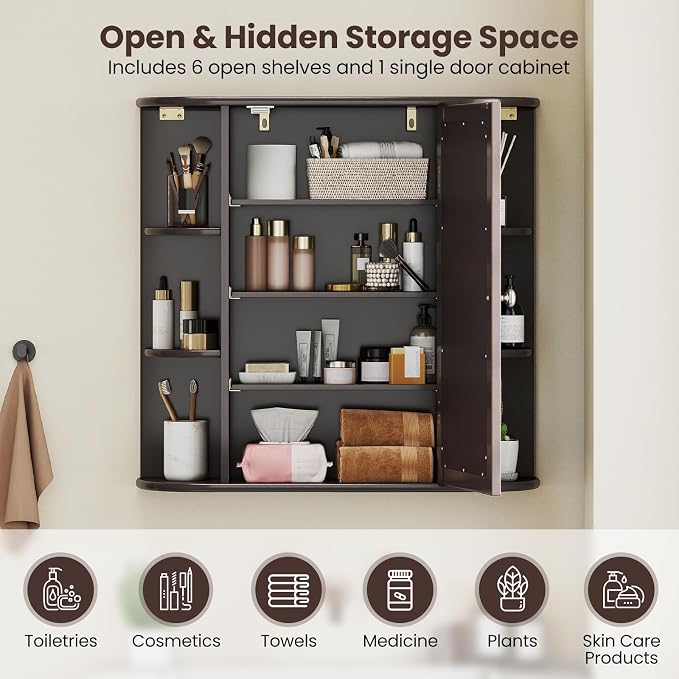 GIANTEX Bathroom Medicine Cabinet (Brown) | Wall Mounted Medicine Cabinet with Mirrored Door & 4 Interior Shelves, 6 Open Shelves, Space-saving Storage Cabinet