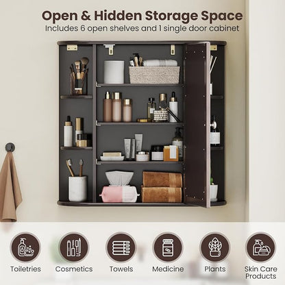 GIANTEX Bathroom Medicine Cabinet (Brown) | Wall Mounted Medicine Cabinet with Mirrored Door & 4 Interior Shelves, 6 Open Shelves, Space-saving Storage Cabinet