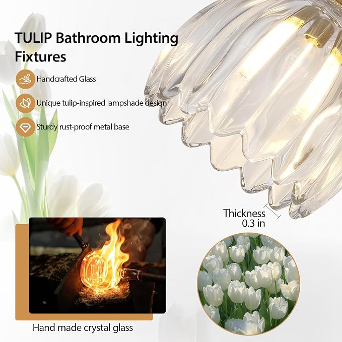Gold 2 Light Bathroom Vanity Light,14.9in Modern Bathroom Lighting Fixtures Over Mirror with Tulip Crystal Glass Shade,Brass Vintage Vanity Lights for Bathroom Living Room Bedroom（not include bulbs)