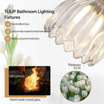 Gold 2 Light Bathroom Vanity Light,14.9in Modern Bathroom Lighting Fixtures Over Mirror with Tulip Crystal Glass Shade,Brass Vintage Vanity Lights for Bathroom Living Room Bedroom（not include bulbs)