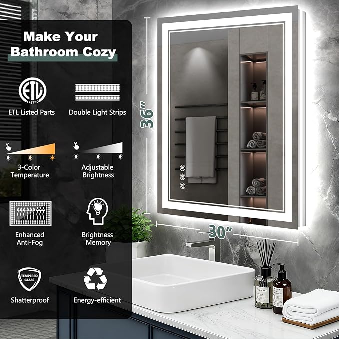 36x30 Inch LED Bathroom Mirror with Lights, 3 Colors Dimmable LED Vanity Mirror, Front and Back Lit, Anti-Fog, Memory Function, Shatterproof Tempered Glass, ETL Listed, Wall Mounted Makeup Mirror
