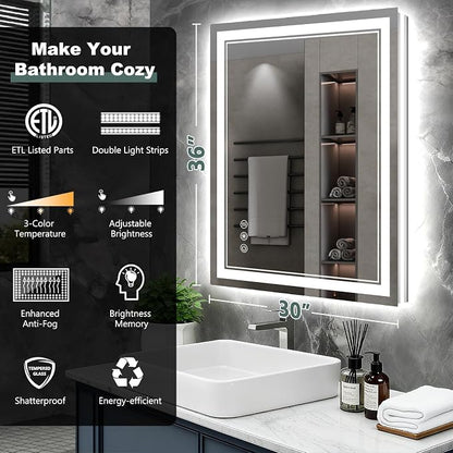 36x30 Inch LED Bathroom Mirror with Lights, 3 Colors Dimmable LED Vanity Mirror, Front and Back Lit, Anti-Fog, Memory Function, Shatterproof Tempered Glass, ETL Listed, Wall Mounted Makeup Mirror