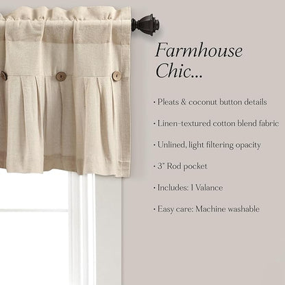Lush Decor Linen Button Farmhouse Valance Curtians Dark Linen,Valances for Windows - Kitchen Curtains Valances - Bathroom Curtain, 52" W x 18" L (Pack of 12)