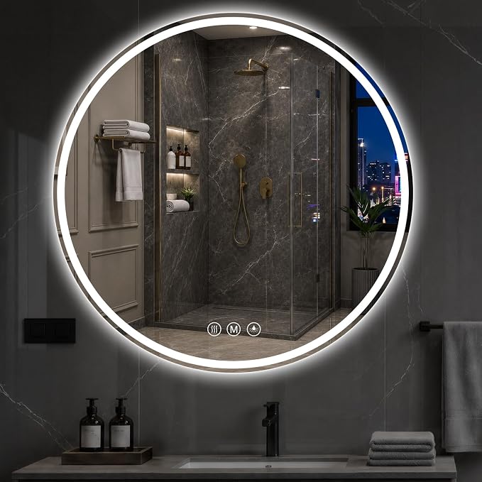 Round LED Bathroom Mirror, 36 Inch, HD Shatterproof Tempered Glass | Lighted Bathroom Mirror with Dimmable Lights Bathroom Mirror with Lights for Wall, 3 Color Temperatures