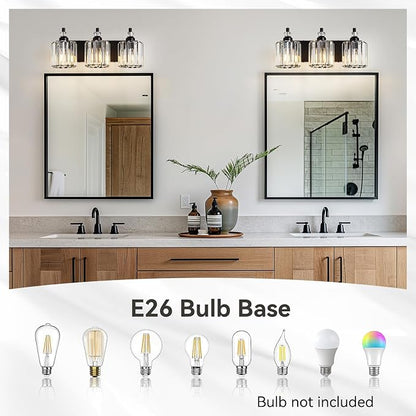 3-Light Black Bathroom Light Fixtures Over Mirror Modern Vanity Lights Crystal Wall Sconce Vintage Bathroom Lighting with Crystal Shade E26 Base for Bedroom, Living Room, Hallway