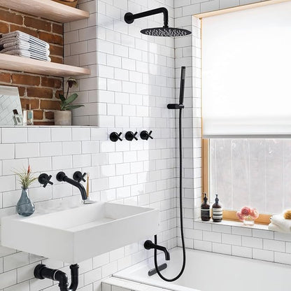 RBROHANT Matte Black Shower System with Tub Spout, Brass Bathtub Shower Faucet Set with 3 Way Rough-in Valve,10 Inch Round Shower Head Set with Tub Spout and Handheld, JK0300