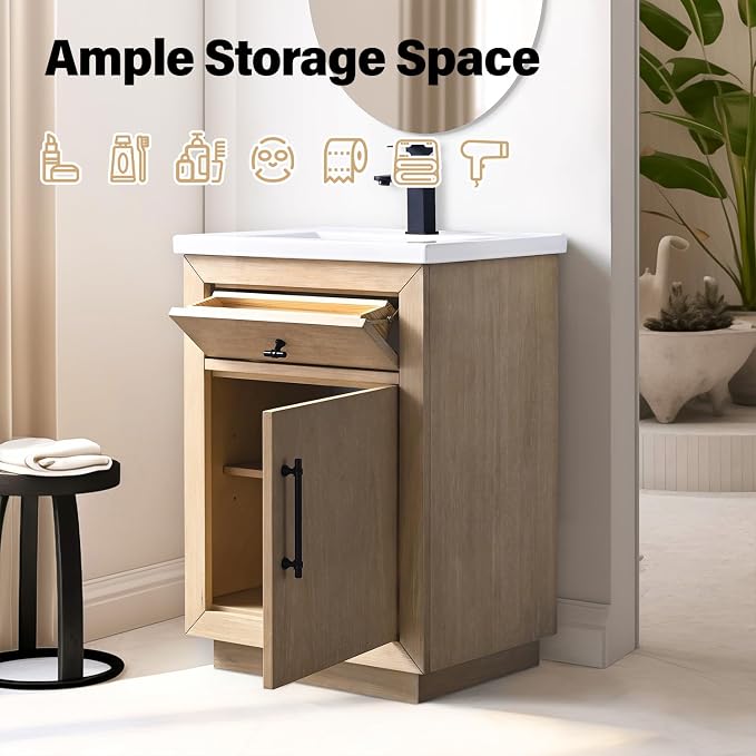 Vanity Art 24 inch Bathroom Vanity with Sink, Vanity Cabinet with Doors and Removable Shelf, Modern Wood Cabinet with Marble Top, Solid Wood Frame, Ceramic Sink,VA70-24-LW-E