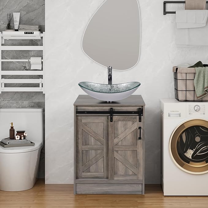 24" Farmhouse Bathroom Vanity with Sink, Bathroom Storage Cabinet with Sliding Barn Doors & Metal Handle, Freestanding Vanity with Tempered Silver Boat Glass Vessel Sink Combo Set