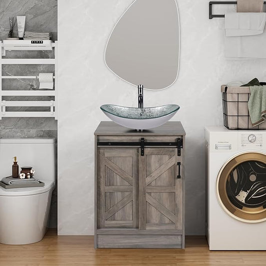 24" Farmhouse Bathroom Vanity with Sink, Bathroom Storage Cabinet with Sliding Barn Doors & Metal Handle, Freestanding Vanity with Tempered Silver Boat Glass Vessel Sink Combo Set