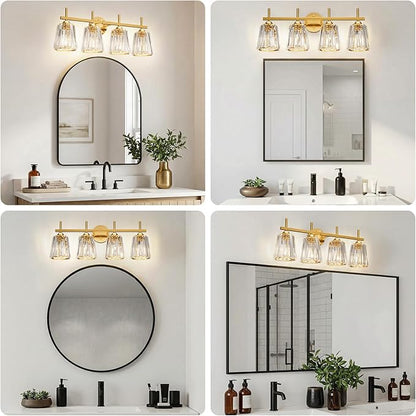 Crystal Bathroom Light Fixtures Over Mirror, Gold 4-Light Bathroom Vanity Lights Over Mirror Modern Wall Lighting Sconces with Ceramic E26 Base (Bulbs Not Include)